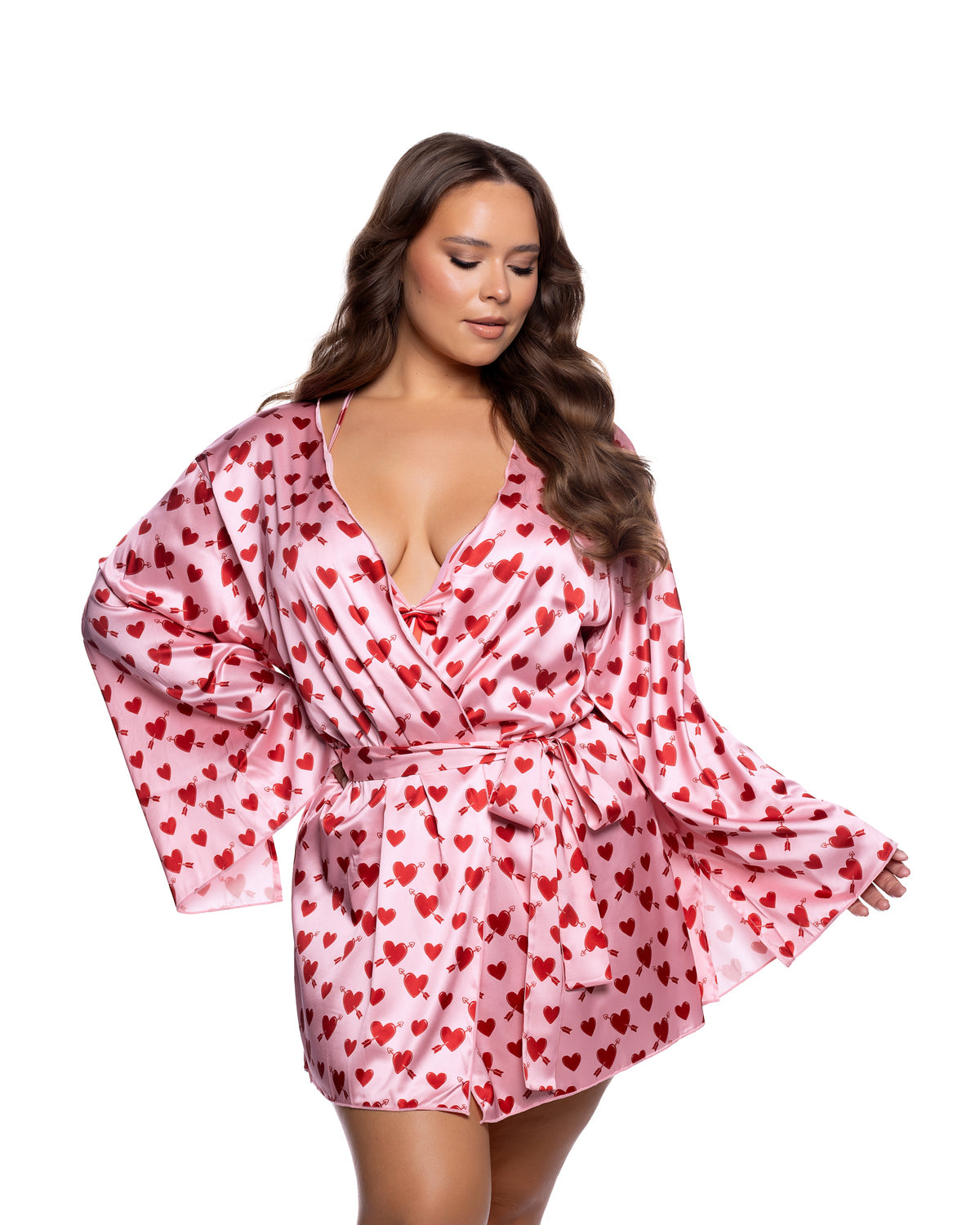 Cupid Heart Satin Kimono Robe with Heart Print & Waist Sash in Pink/Red - front view on plus size model