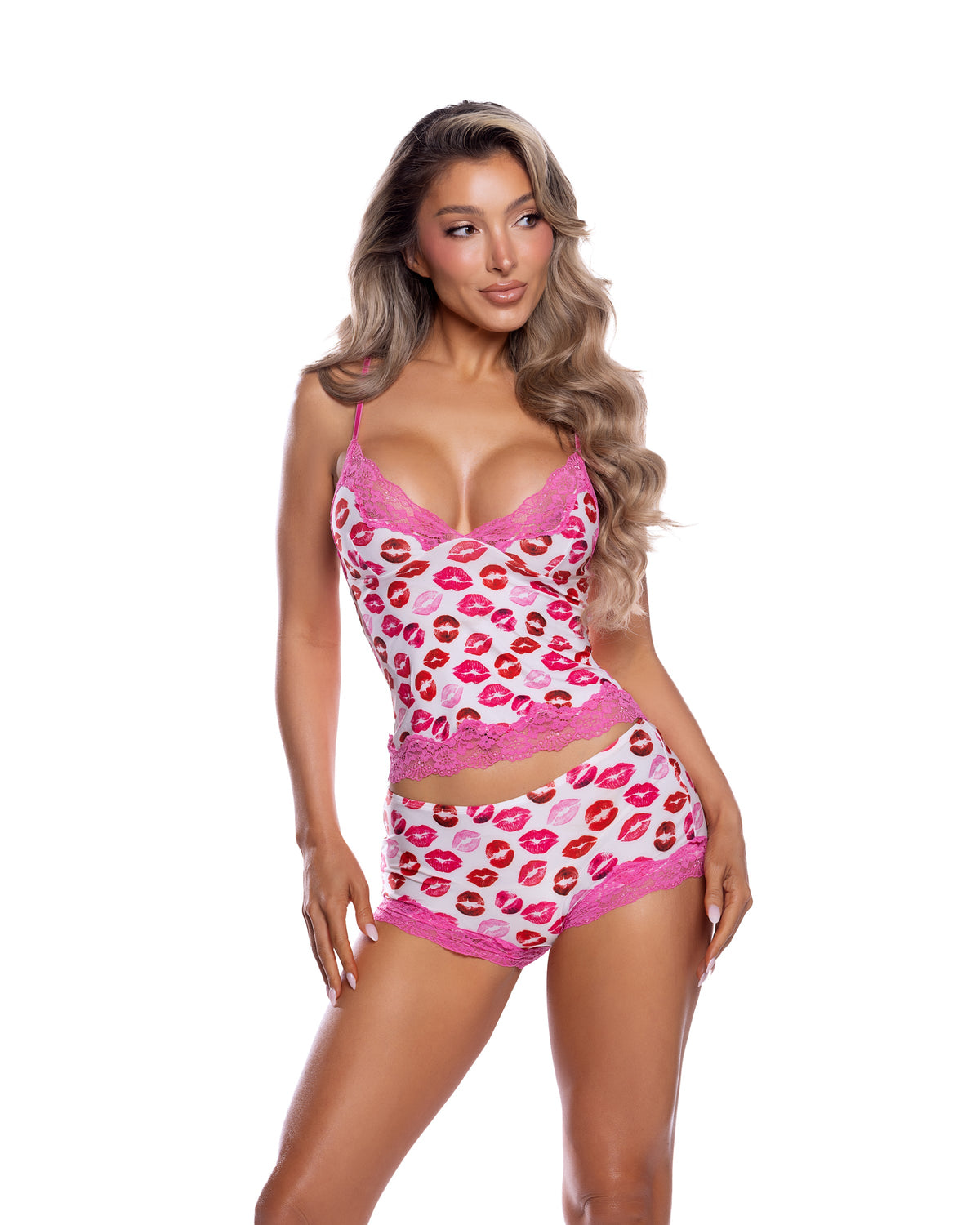 Sweet Smooch Lipstick Kiss Print Modal Cami & Shorts Pajama Set in White/Red - front view