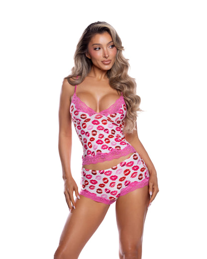Sweet Smooch Lipstick Kiss Print Modal Cami & Shorts Pajama Set in White/Red - front view