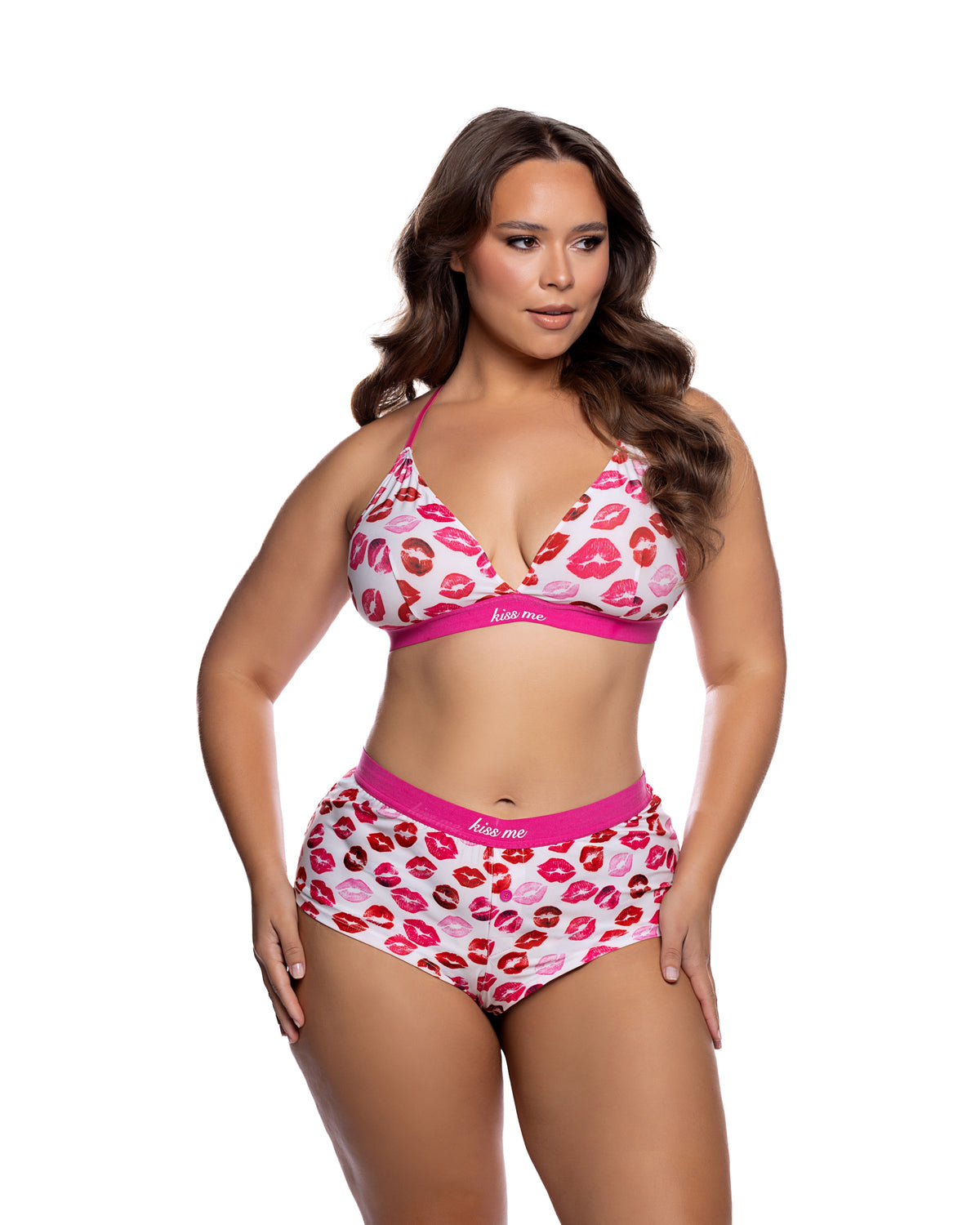 Sweet Smooch Lipstick Kiss Print Modal Bralette & Shorts Lounge Set in White/Red - front view on plus size model
