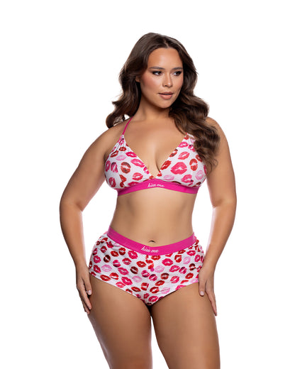Sweet Smooch Lipstick Kiss Print Modal Bralette & Shorts Lounge Set in White/Red - front view on plus size model