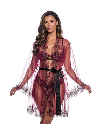 Ruby Beaded Floral Lace Kimono Robe with Satin Sash in Wine/Black - front view