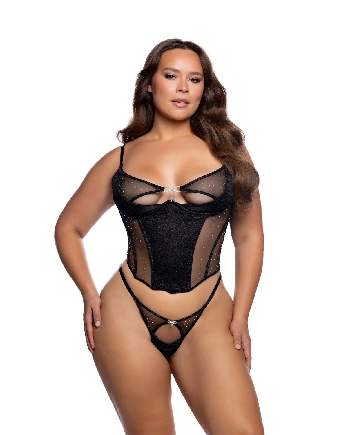 Midnight Shimmer Black Lurex Boned Bustier & Thong Set with Rhinestone Bows in Black - front view on plus size model