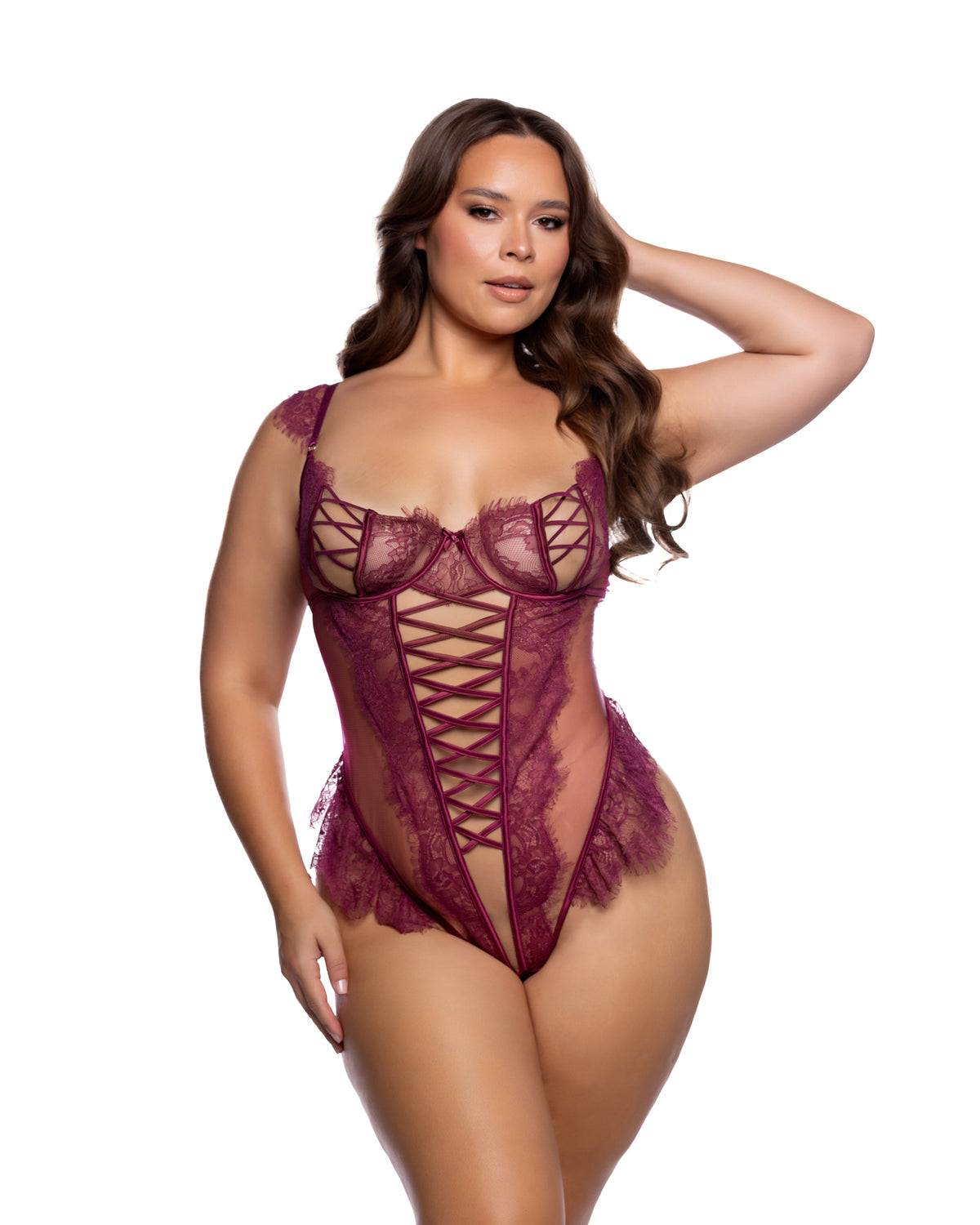 Sweet Temptation Wine Eyelash Lace Balconette Teddy with Underwire in Wine - front view on plus size model
