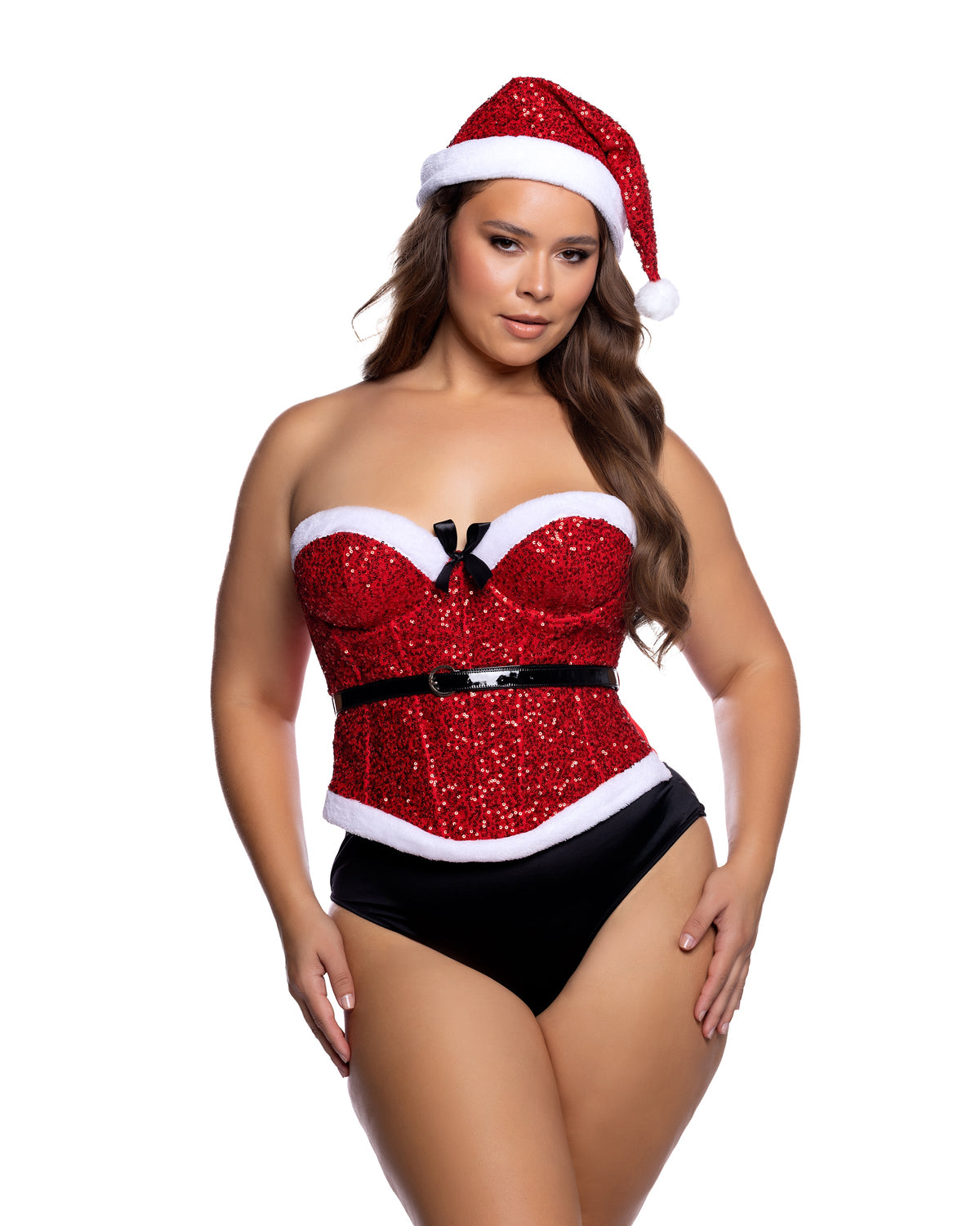 Santa Baby Sequin Balconette Bustier Corset & Santa Hat Christmas Set in Red - front view on plus size model