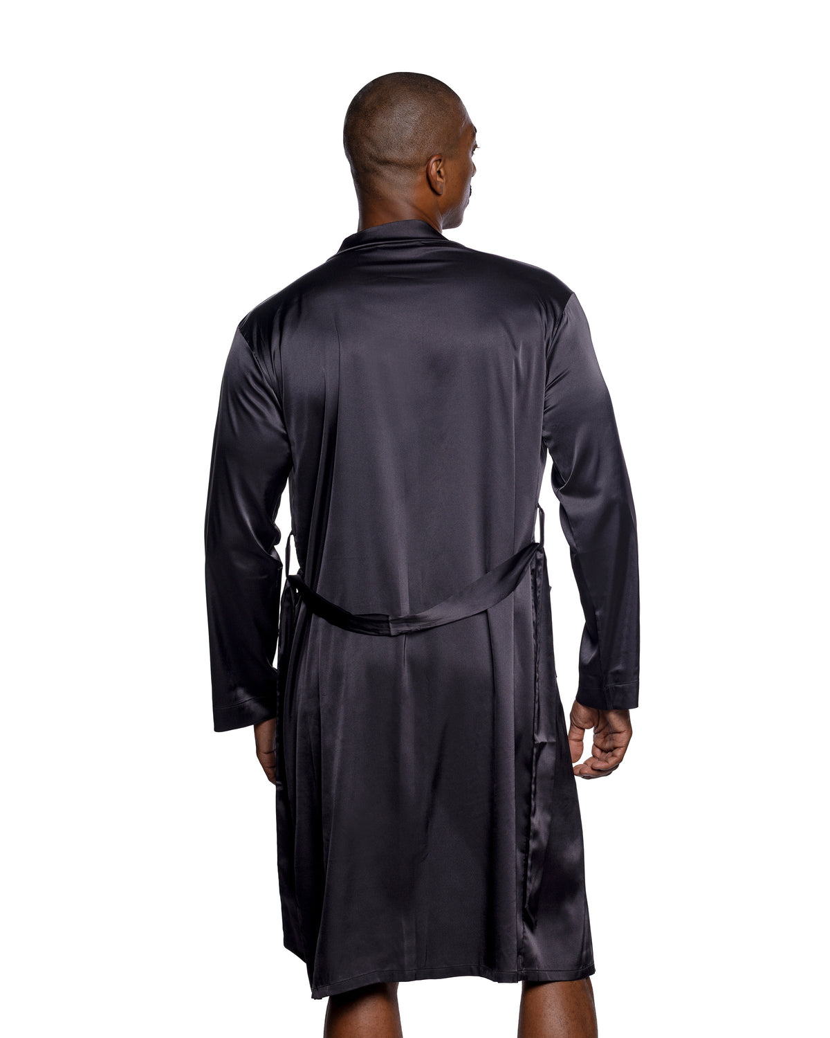 Men's Essentials Black Stretch Satin Robe with Sash in Black - back view
