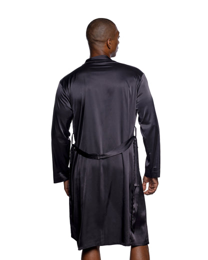 Men's Essentials Black Stretch Satin Robe with Sash in Black - back view