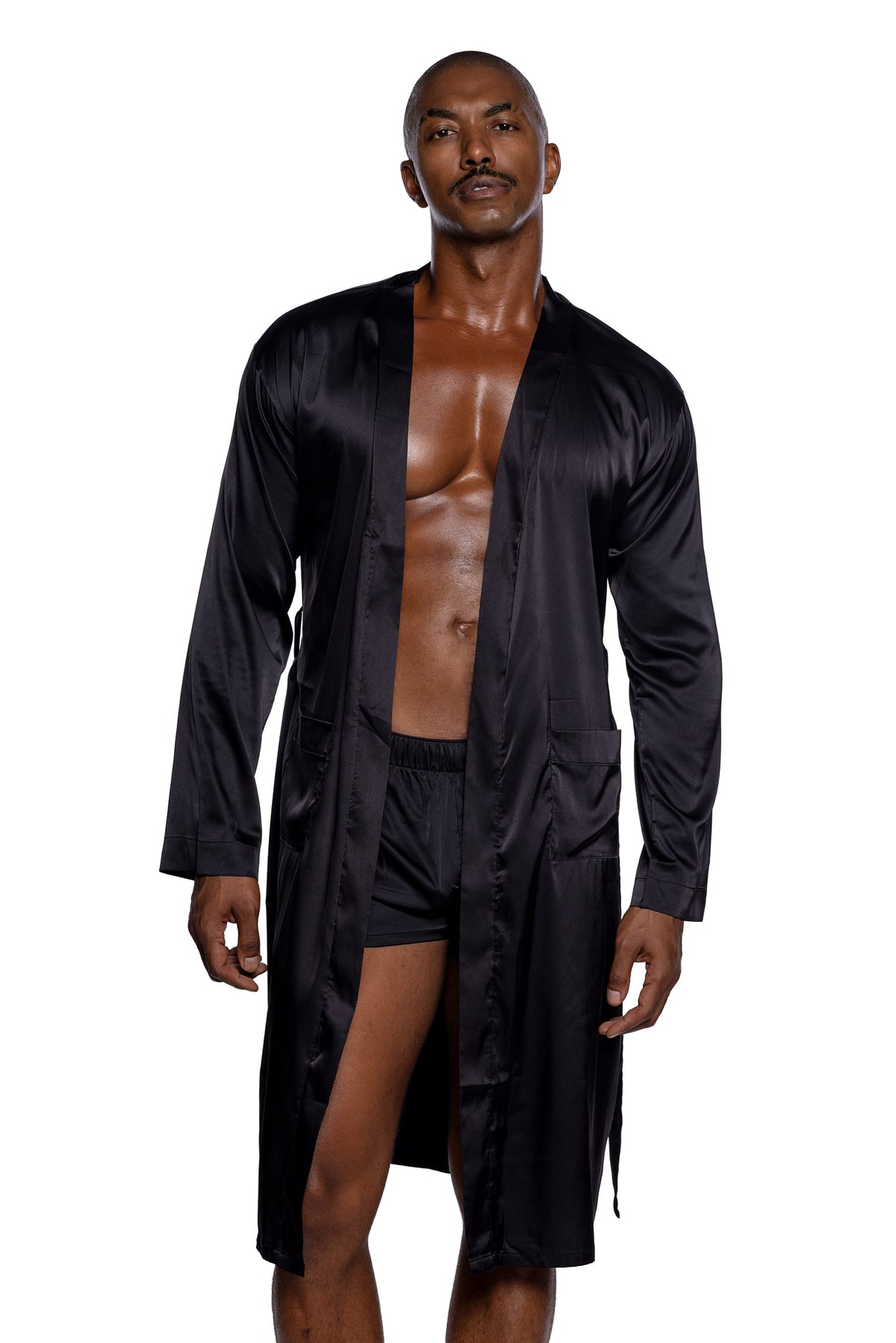 Men's Essentials Black Stretch Satin Robe with Sash in Black - front view