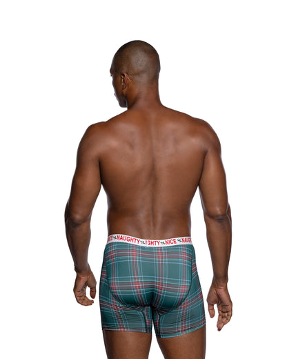 Naughty & Nice Men's Plaid Modal Boxer Briefs - Christmas Gift in Black/Green - back view