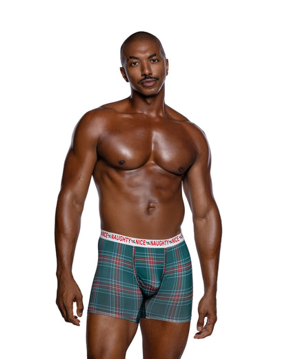 Naughty & Nice Men's Plaid Modal Boxer Briefs - Christmas Gift in Black/Green - front view