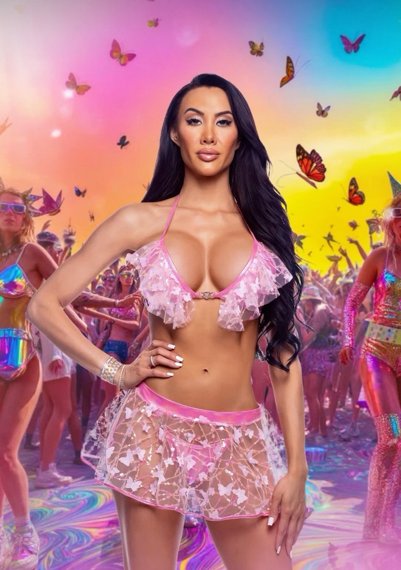 Butterfly sequin mini skirt rave outfit, view 1