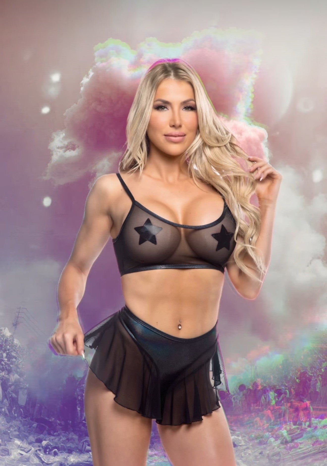 Mesh fishnet flutter shorts rave outfit, view 1