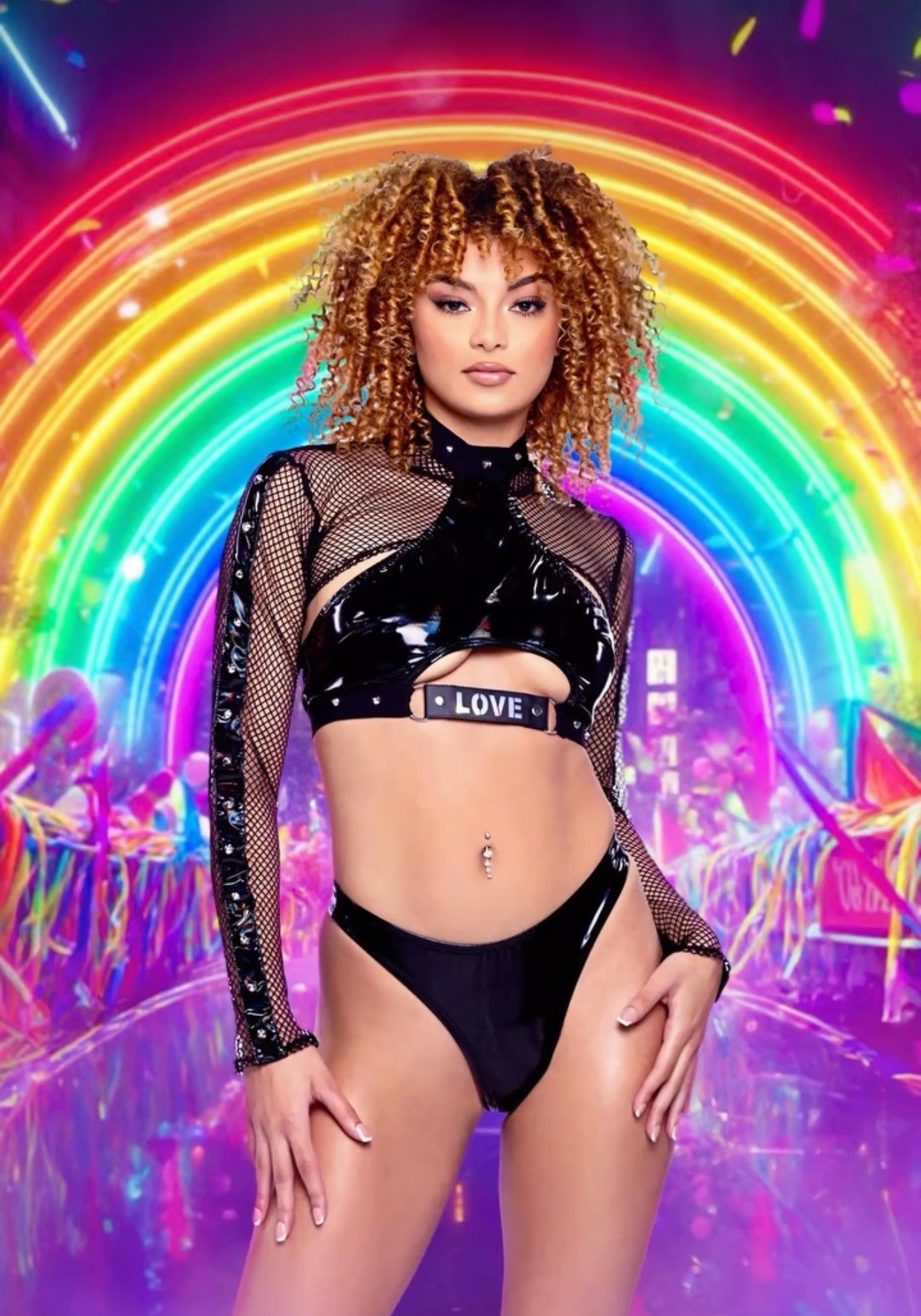 Pride light-up vinyl halter top rave outfit, view 1