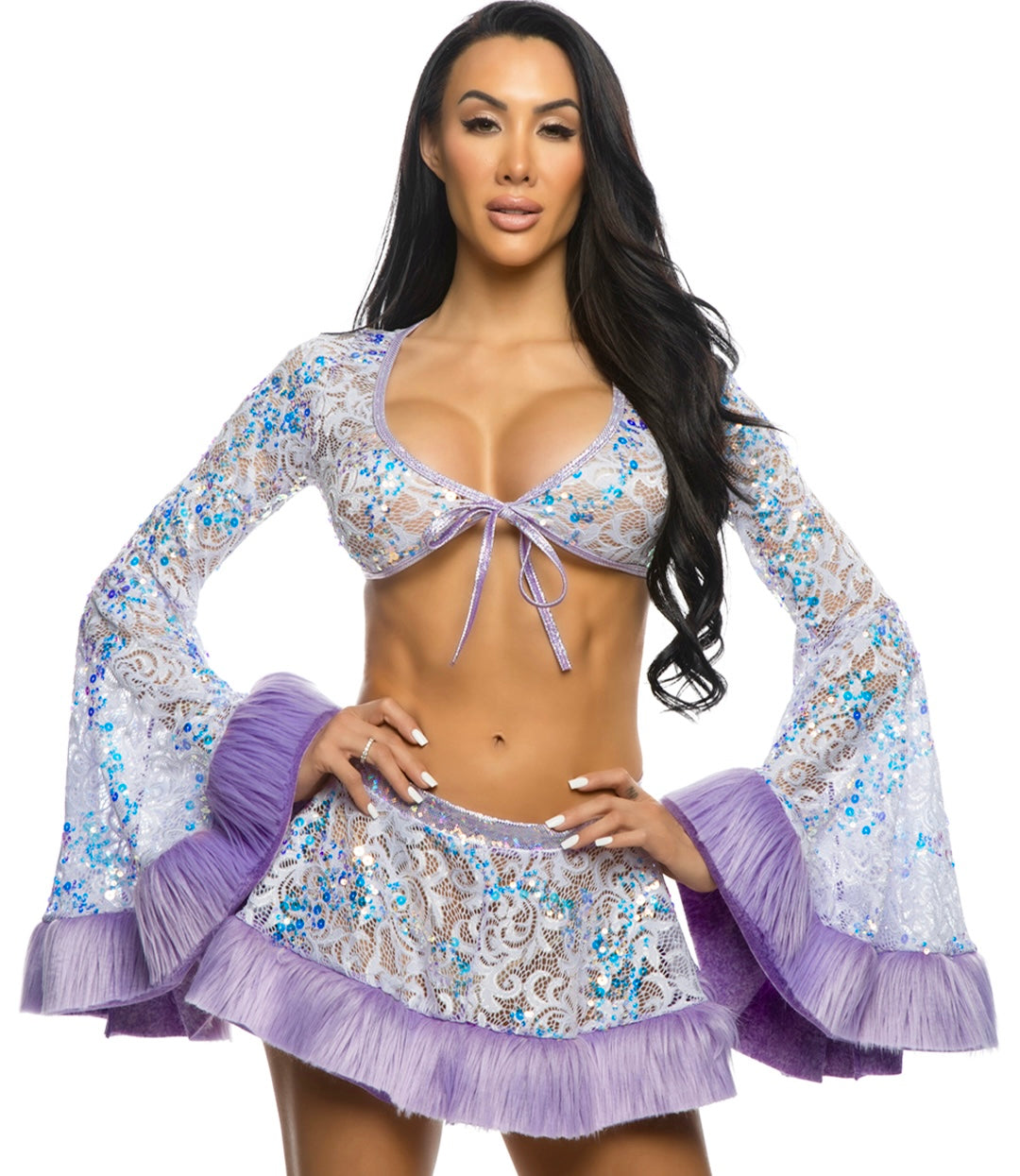 Sequin faux fur trim wrap top rave outfit, view 5