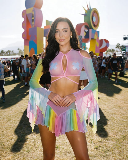 Rainbow Mesh Flow Top & Skirt Set