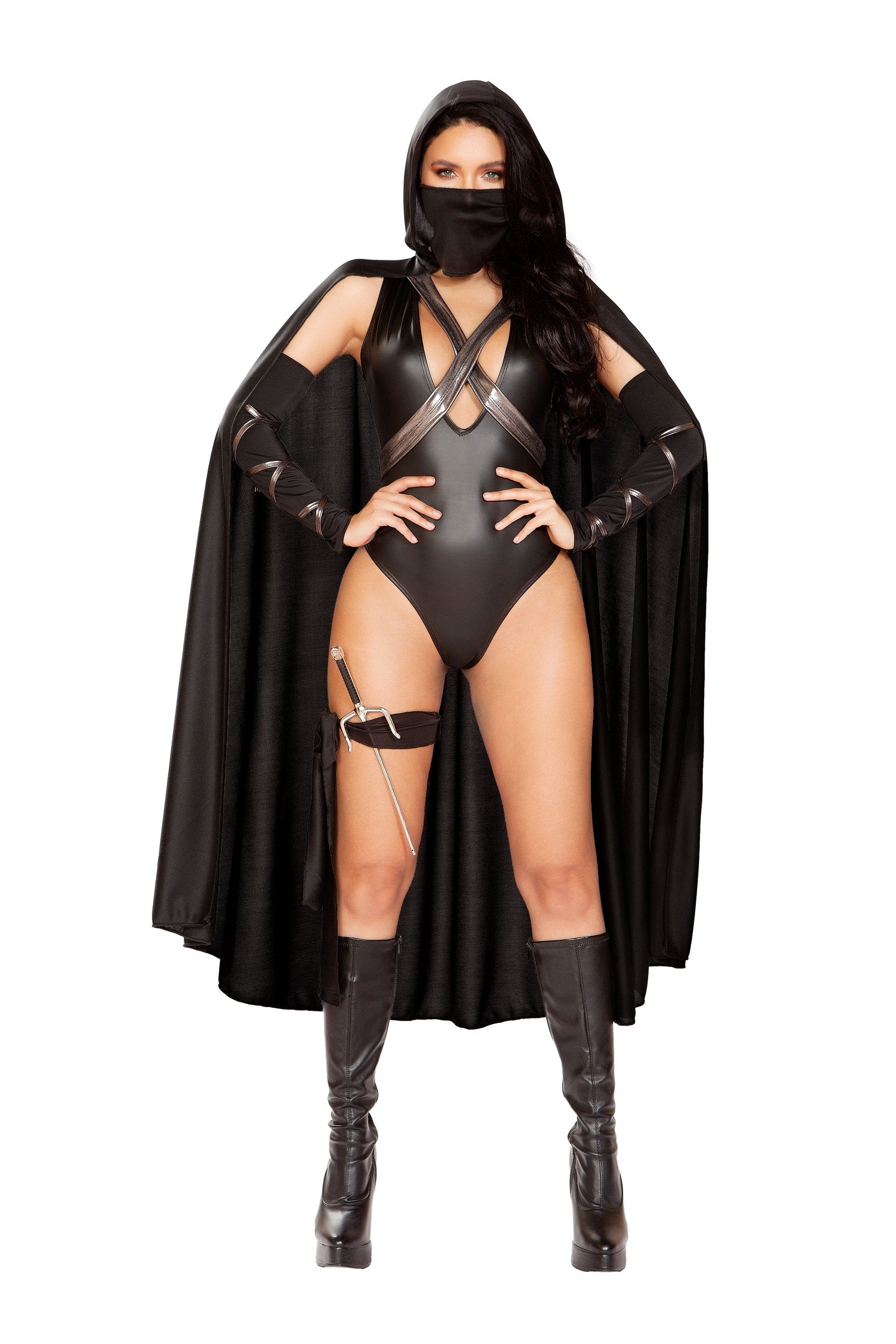 RaveFix 5pc Ninja Villain Includes Hooded Cape with Criss-Cross Tie Straps, Low Cut Romper, Mask, Leg Tie, & Trident