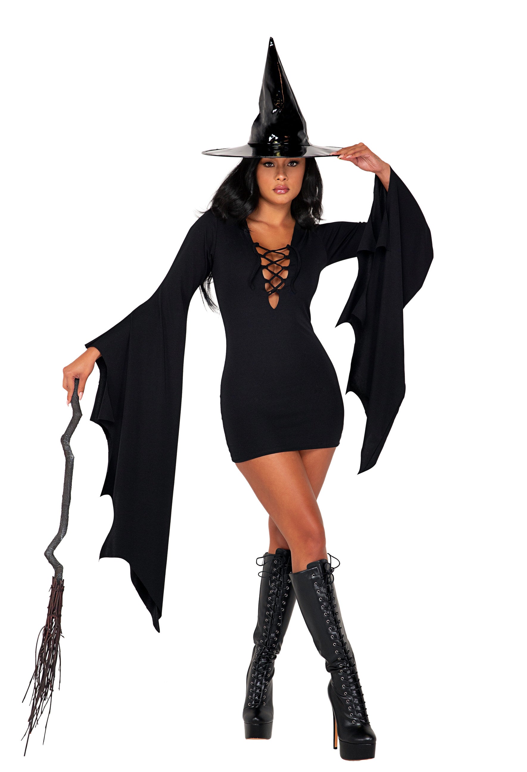 Women's witch costume, lace-up dress and hat, view 3