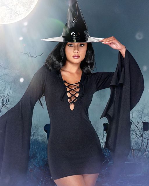 Women's witch costume, lace-up dress and hat