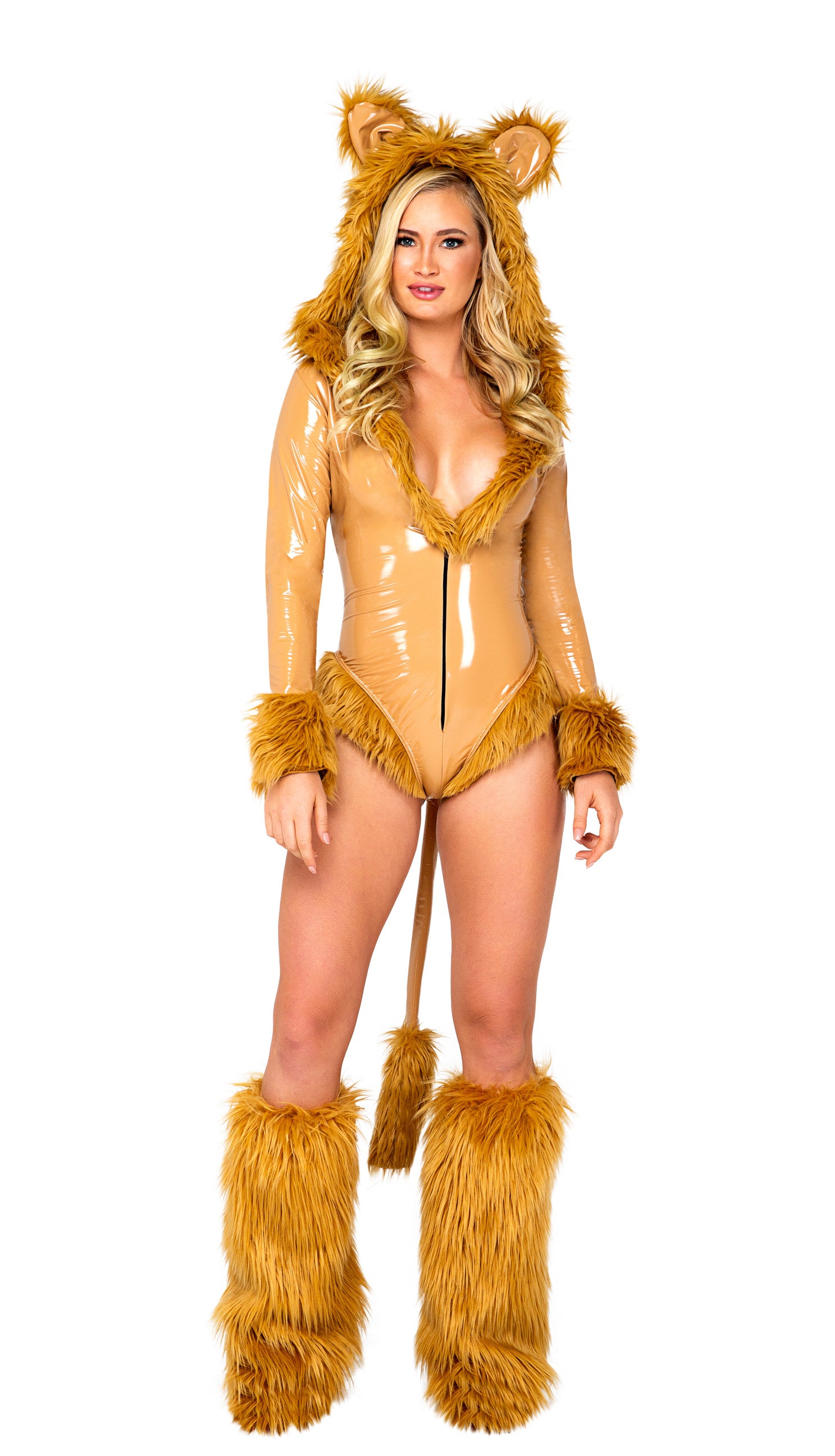 Women's hooded vinyl bodysuit costume with tail, view 3