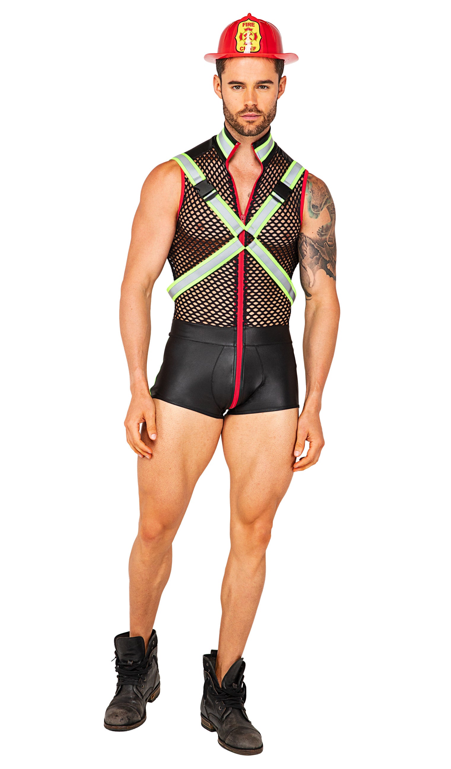 Men's firefighter costume, jumpsuit and helmet, view 3