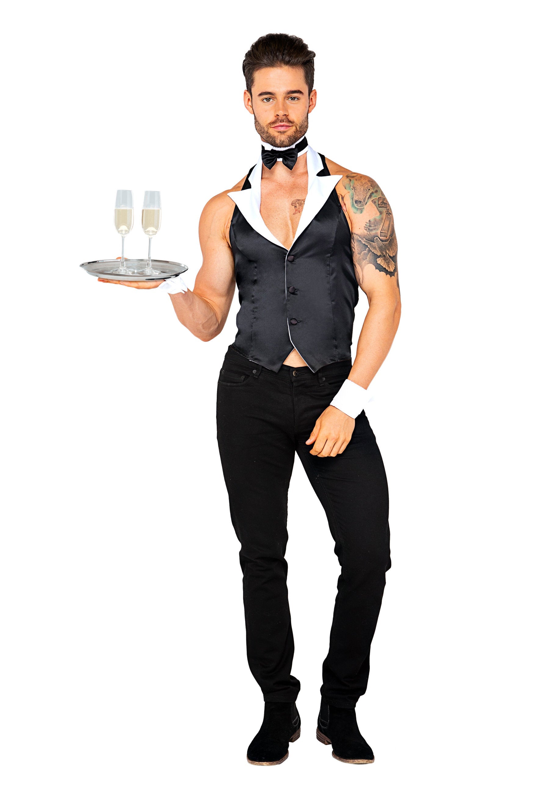 Men's butler costume, vest and bow tie, view 4