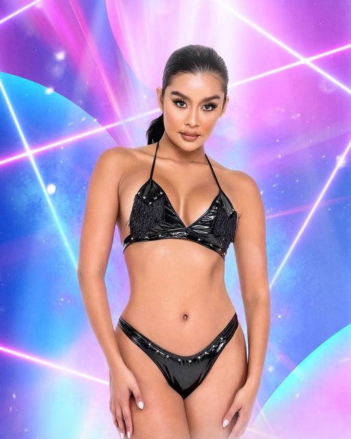 Studded vinyl fringe bikini top, view 1