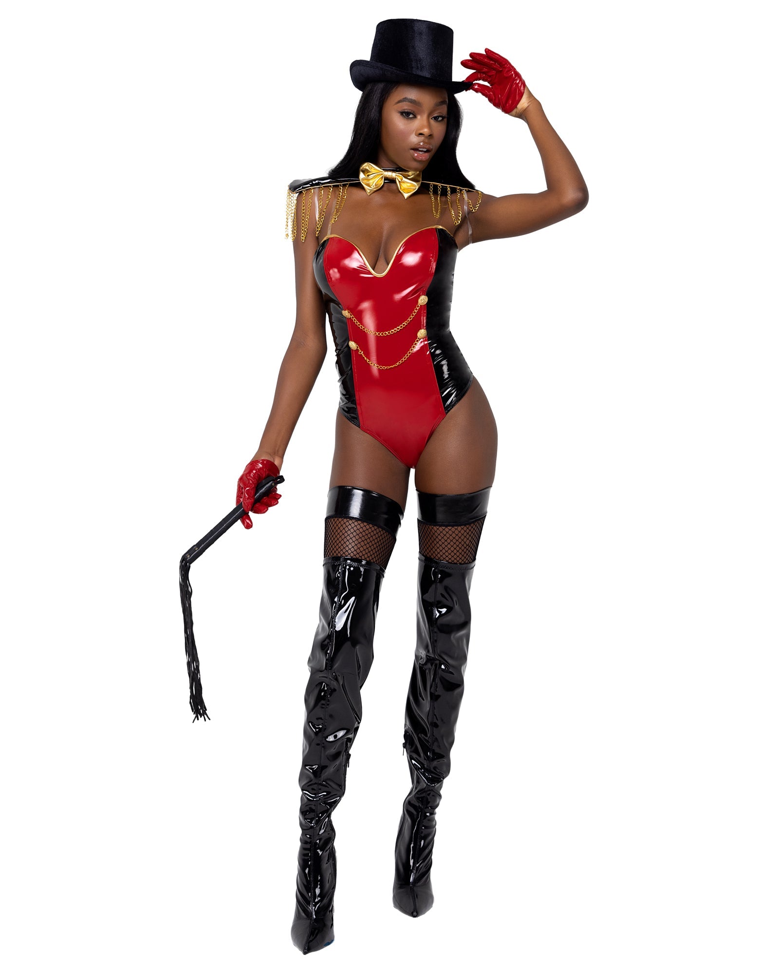 Women's ringleader costume, striped vinyl bodysuit and top hat, view 3