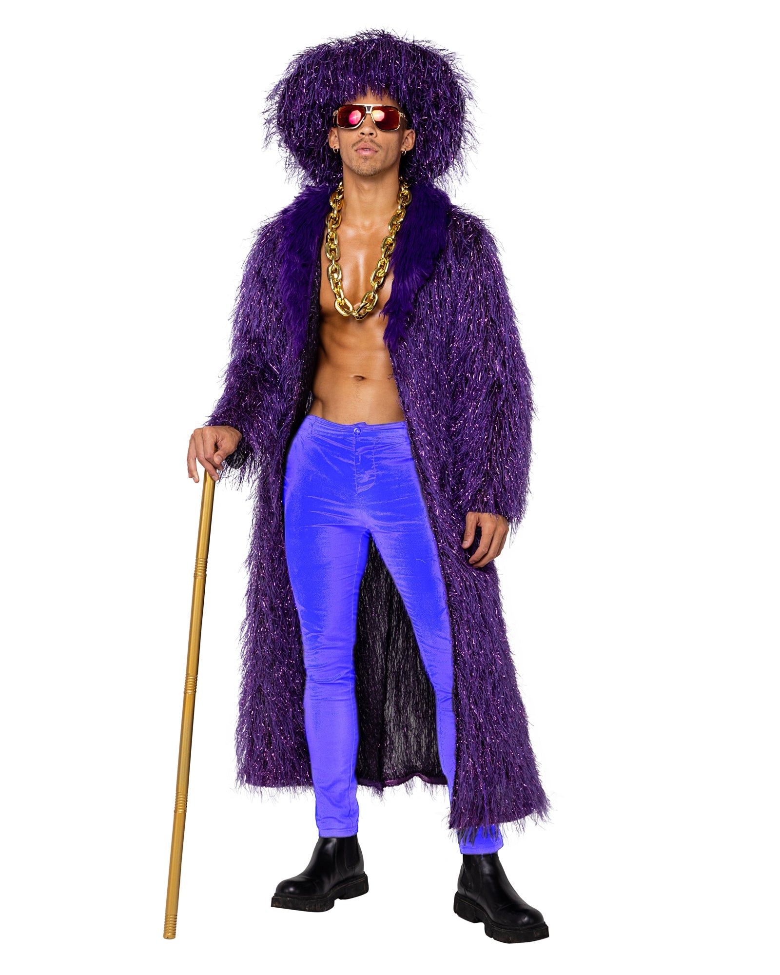 Men's pimp costume, purple faux fur coat and hat, view 3