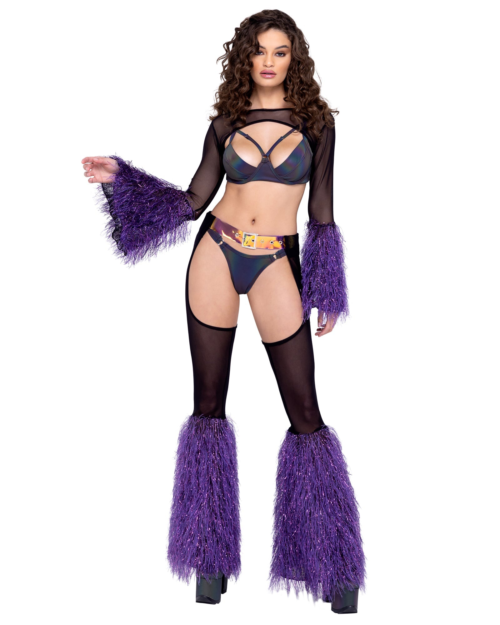 Sheer chaps faux fur bells rave outfit, view 8