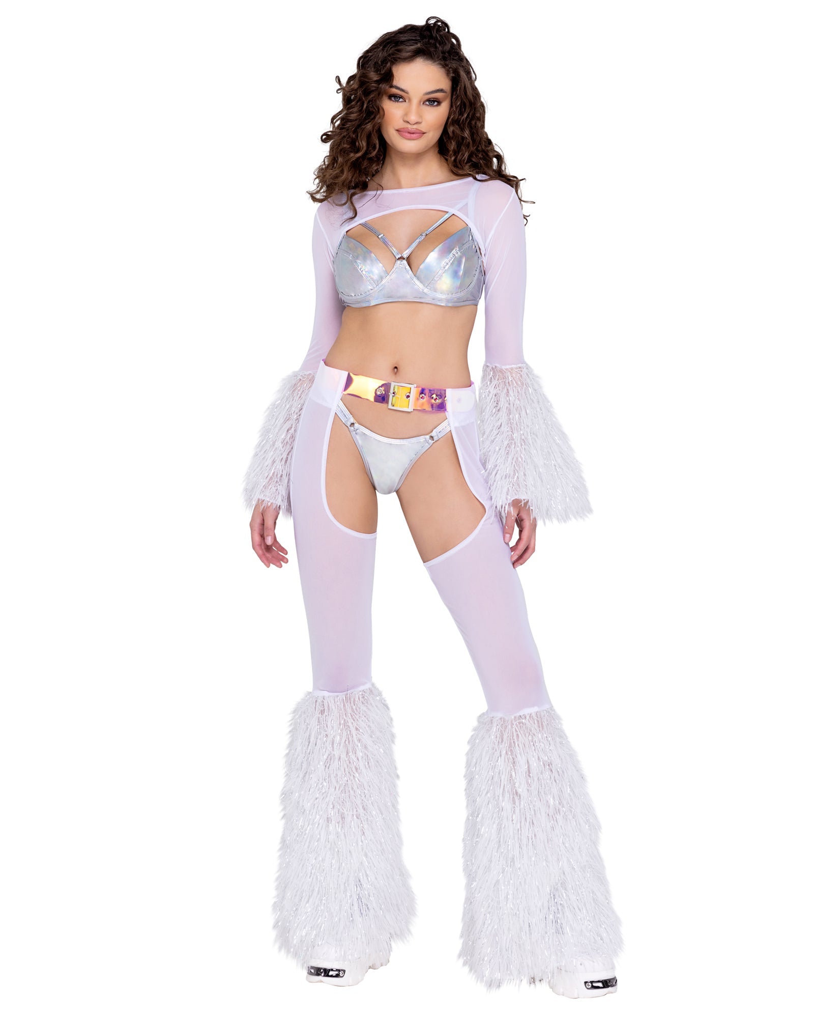 Sheer chaps faux fur bells rave outfit, view 2