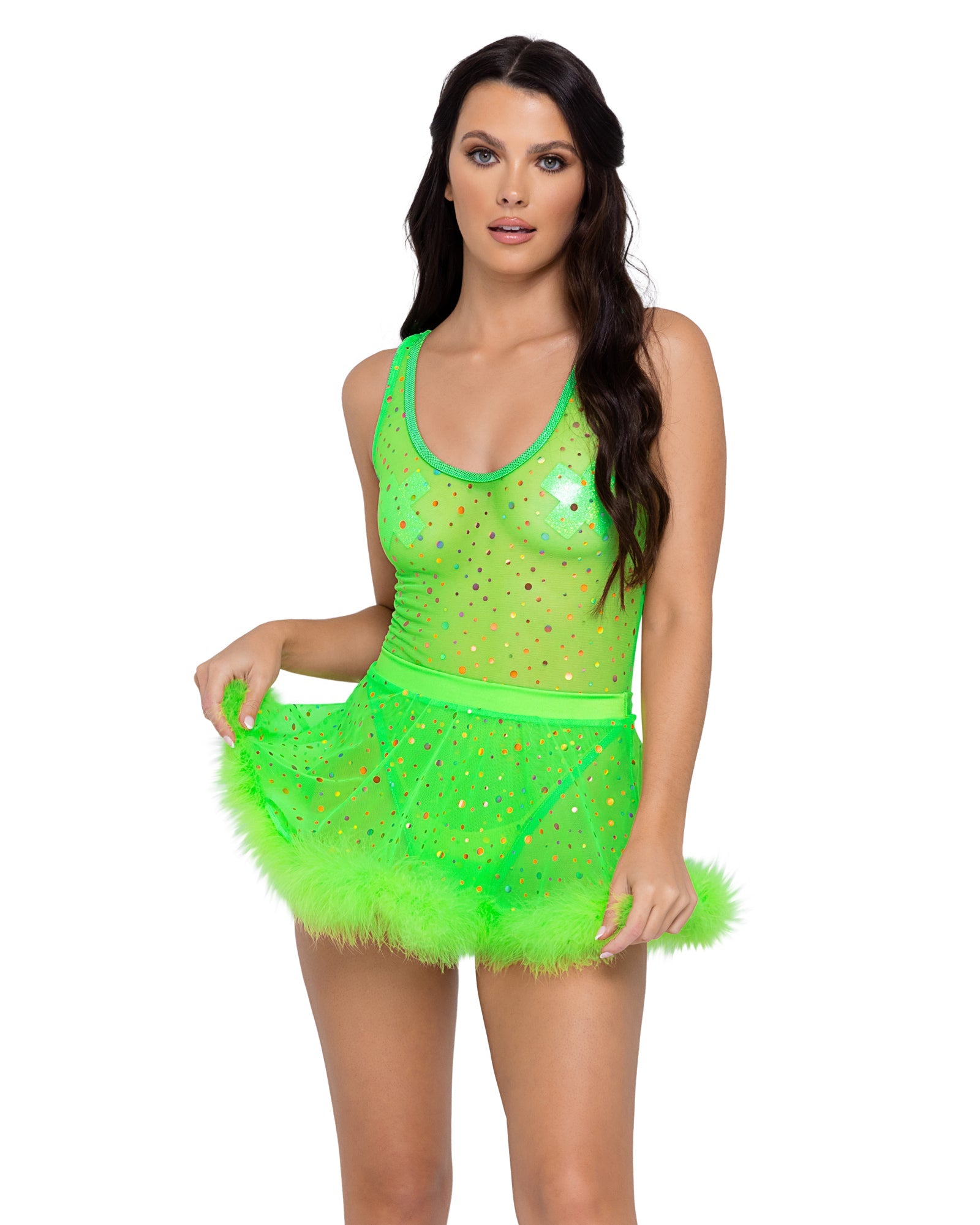 Sheer dotted marabou skirt rave outfit, view 2