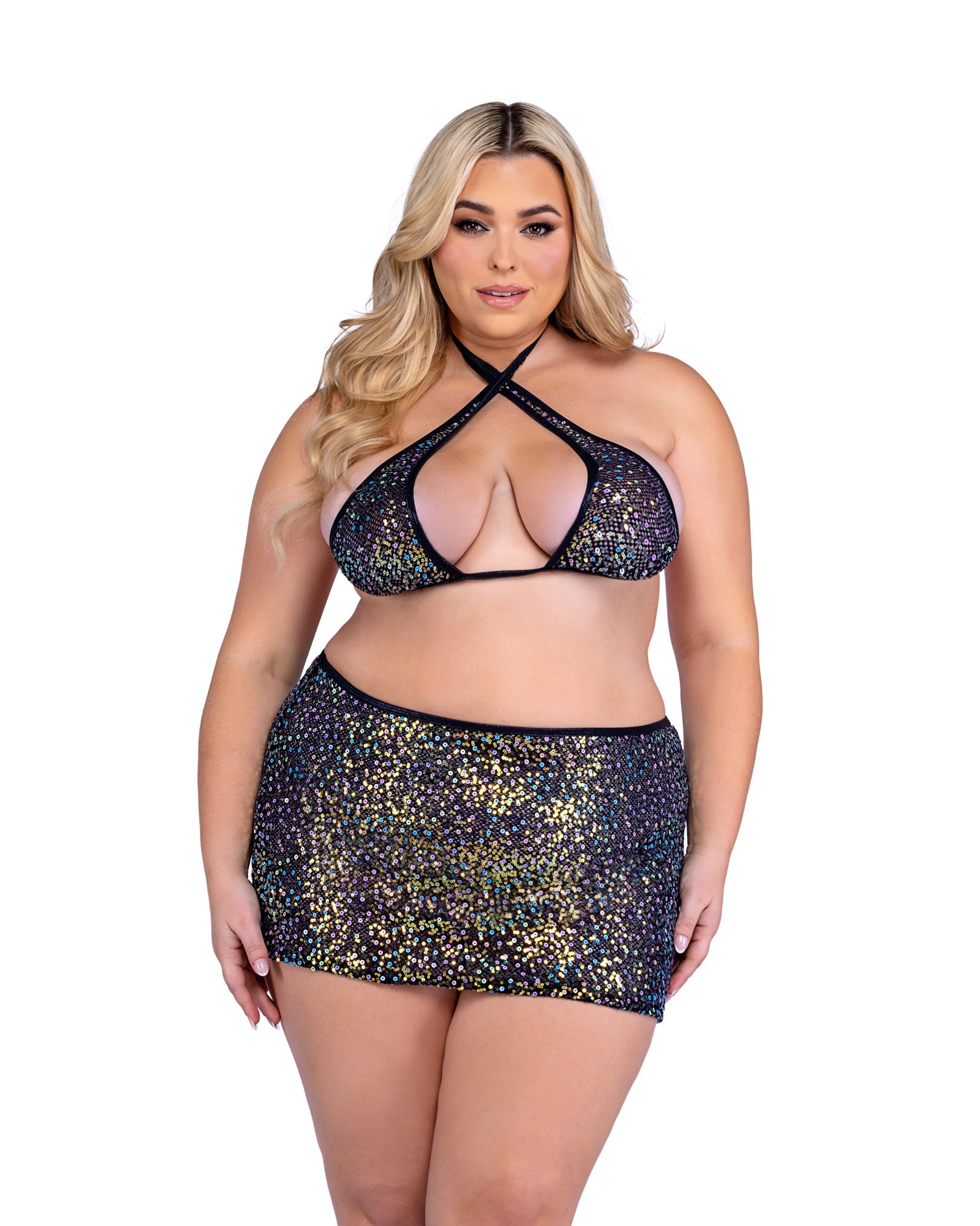 Plus size black sequin fishnet skirt rave outfit, view 8