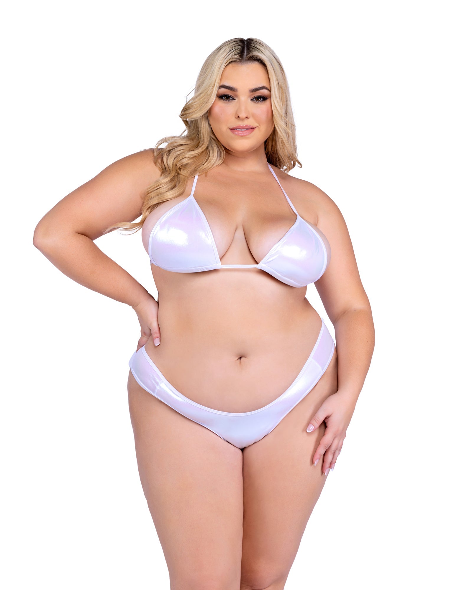 Plus size white metallic thong back shorts rave outfit, view 11