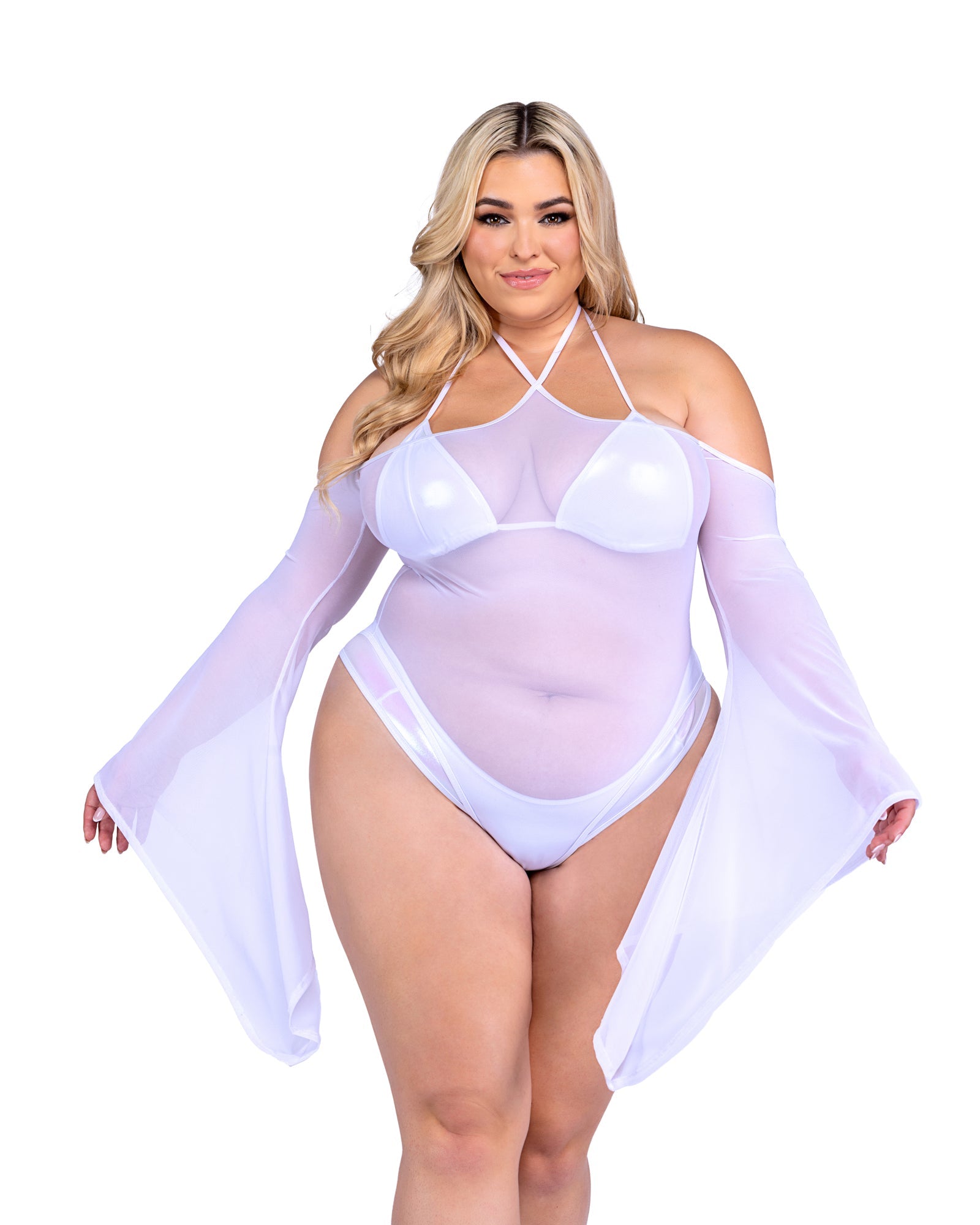 Plus size white sheer mesh bell sleeve rave romper, view 11