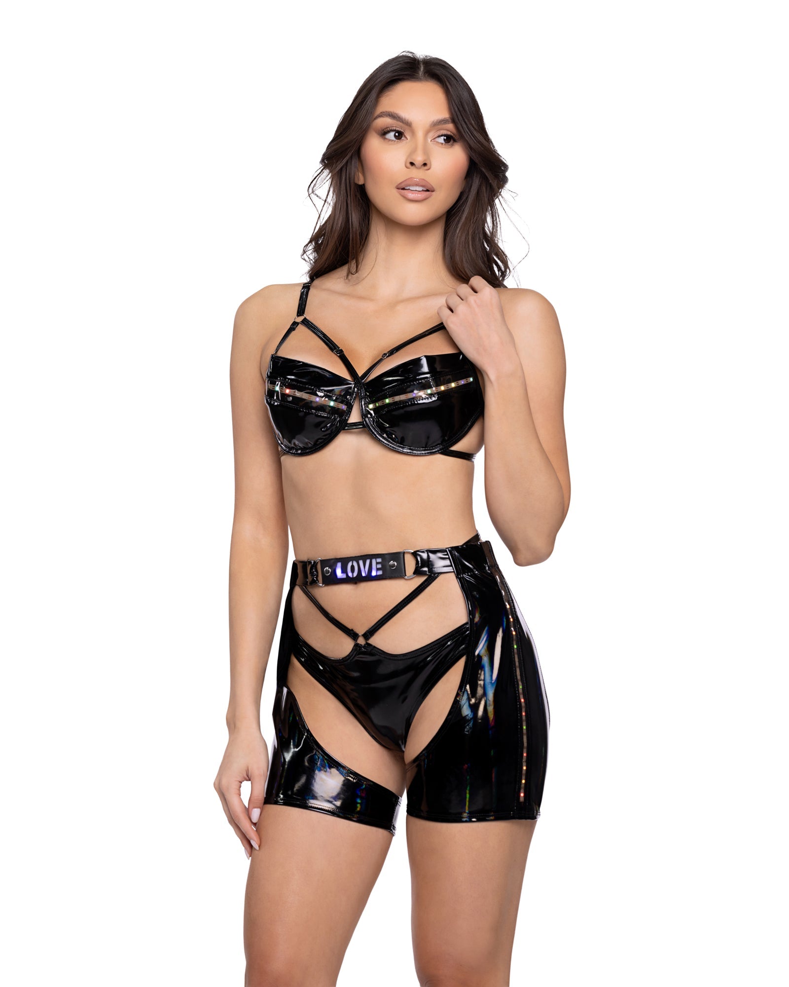 Pride light-up vinyl short set rave outfit, view 4