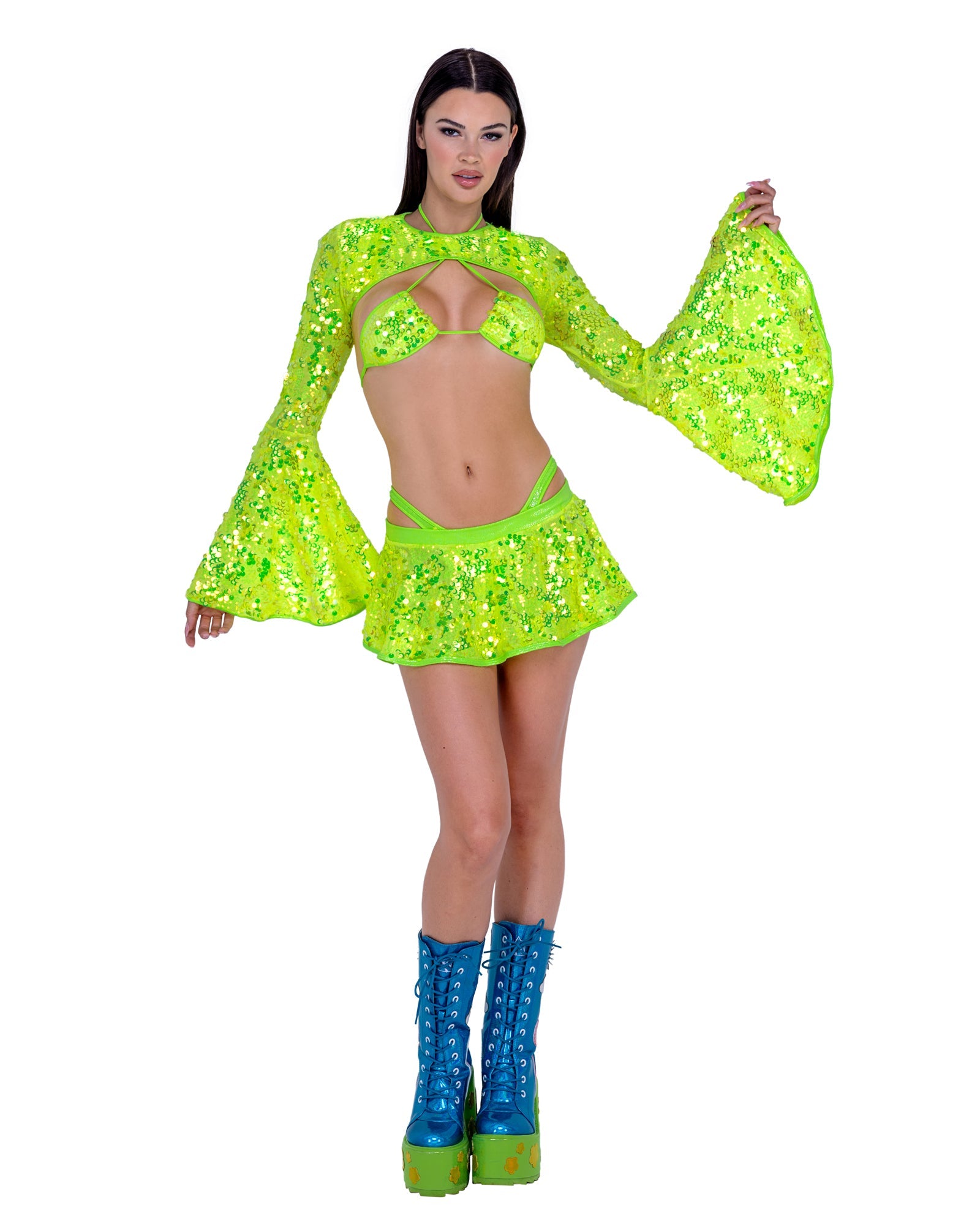 Neon yellow sequin flare skirt rave outfit, view 4