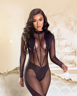 Sheer Mesh Detailed Jumpsuit with Zipper Closure