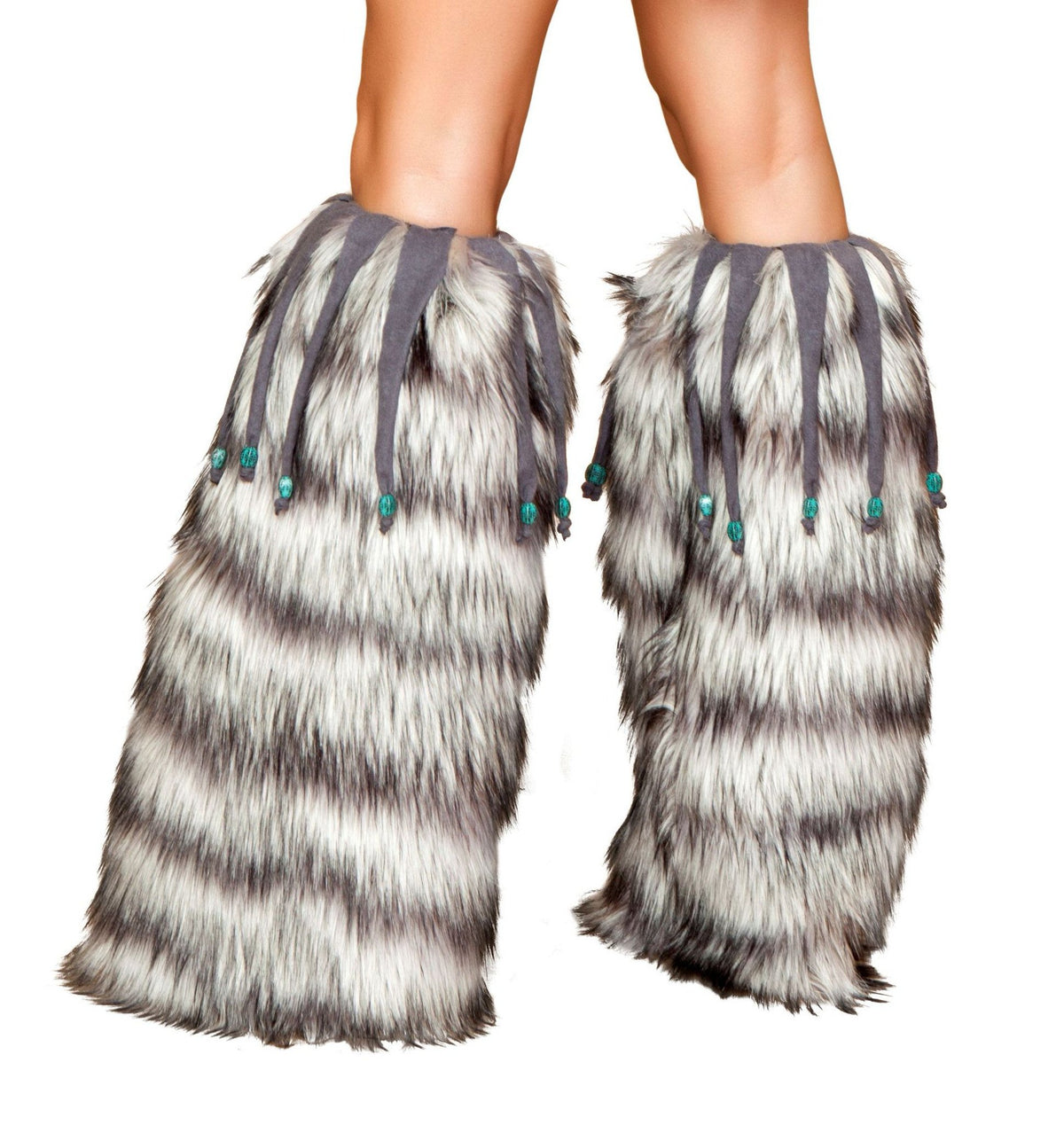 Pair of Fur Leg Warmers with Fringe and Bead Details