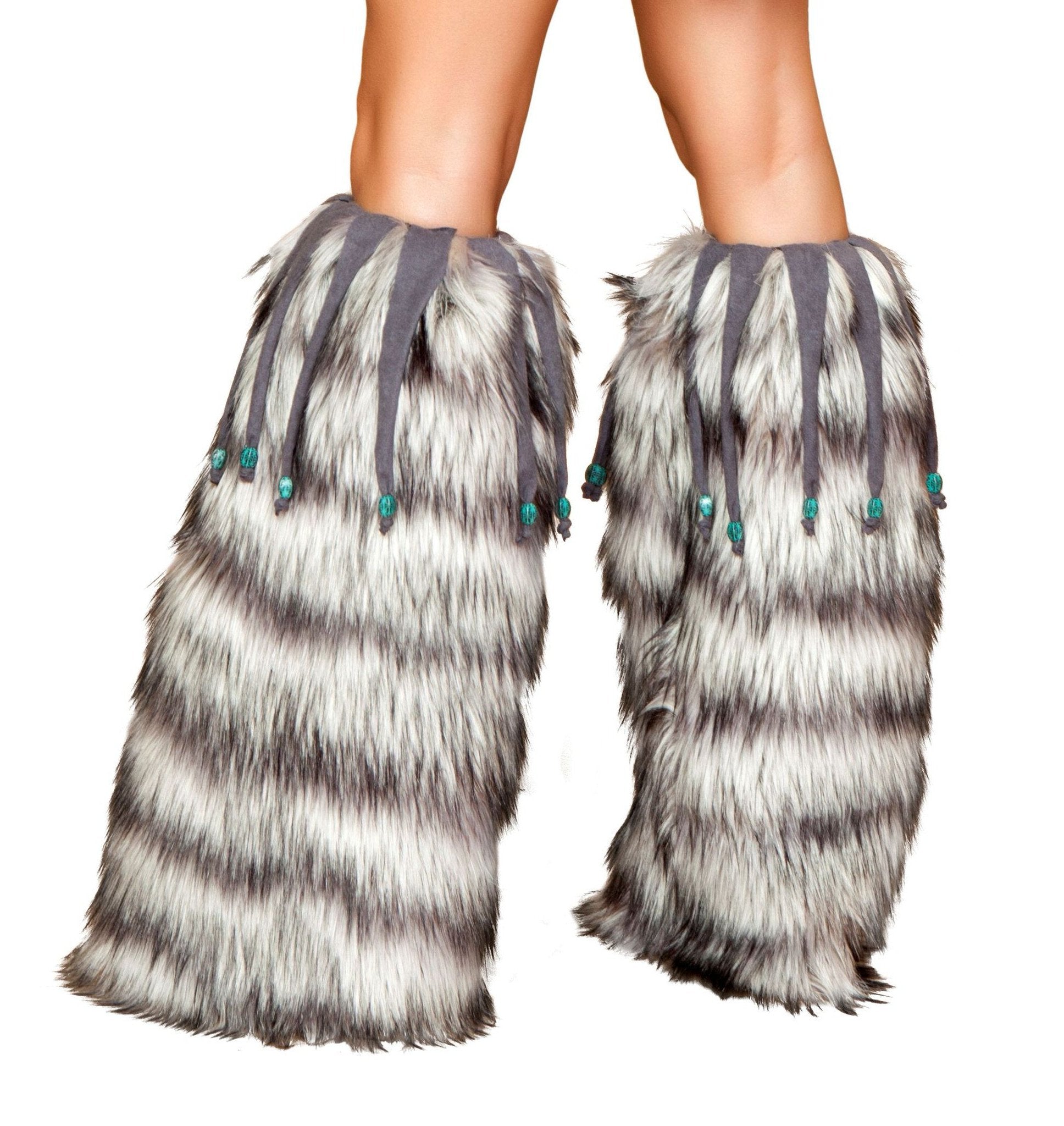 Pair of Fur Leg Warmers with Fringe and Bead Details