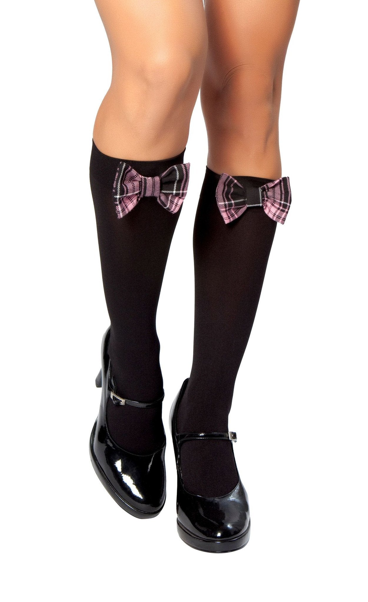 Pair of Black Stockings with Black and Pink Plaid Bow